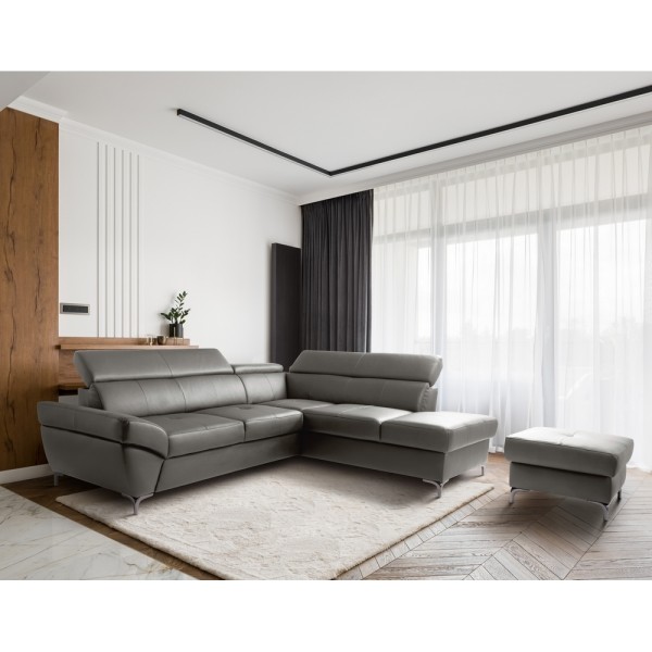 Canapé d'angle convertible en cuir italien luxe 5 places, MEMEZO, coffre, gris foncé, angle droit