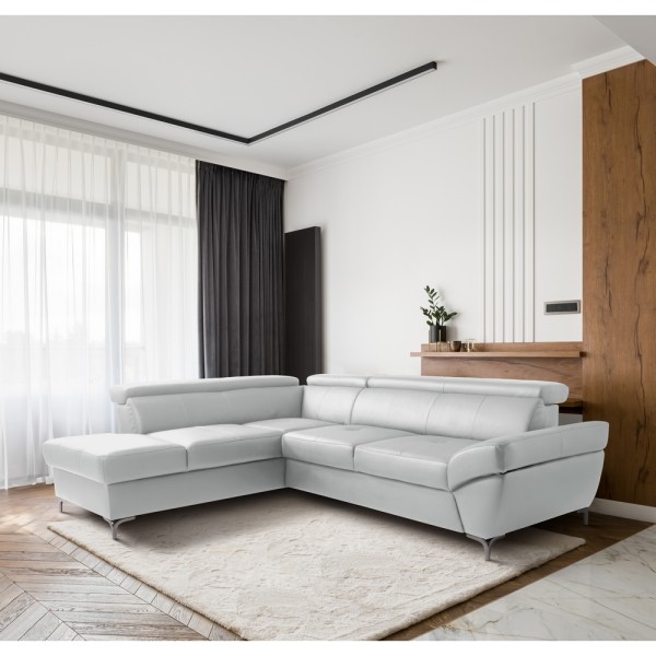 Canapé d'angle convertible en cuir italien luxe 5 places, MEMEZO, coffre, gris clair, angle gauche