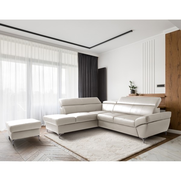 Canapé d'angle convertible en cuir italien luxe 5 places, MEMEZO, coffre, BEIGE, angle gauche