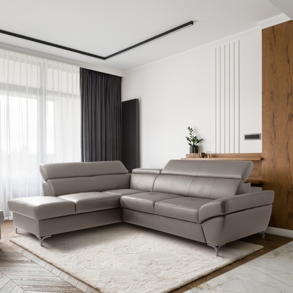 Canapé d'angle convertible en cuir italien luxe 5 places, MEMEZO, coffre, taupe, angle gauche