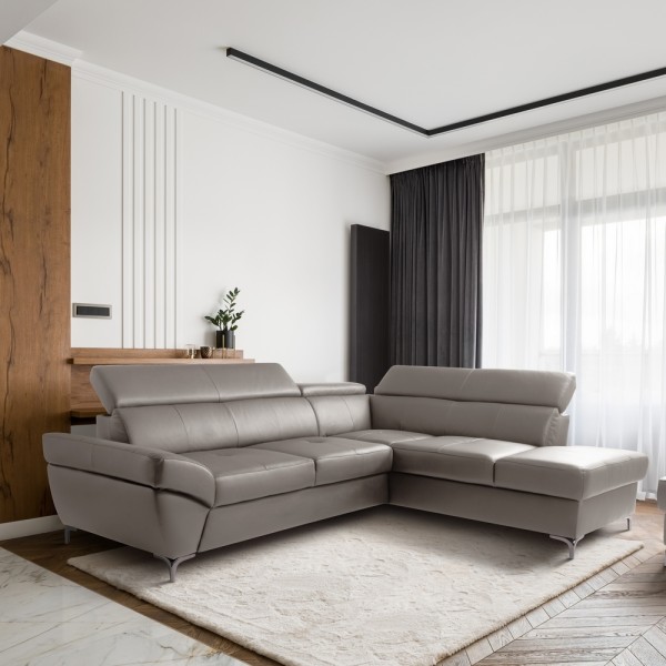 Canapé d'angle convertible en cuir italien luxe 5 places, MEMEZO, coffre, taupe, angle droit