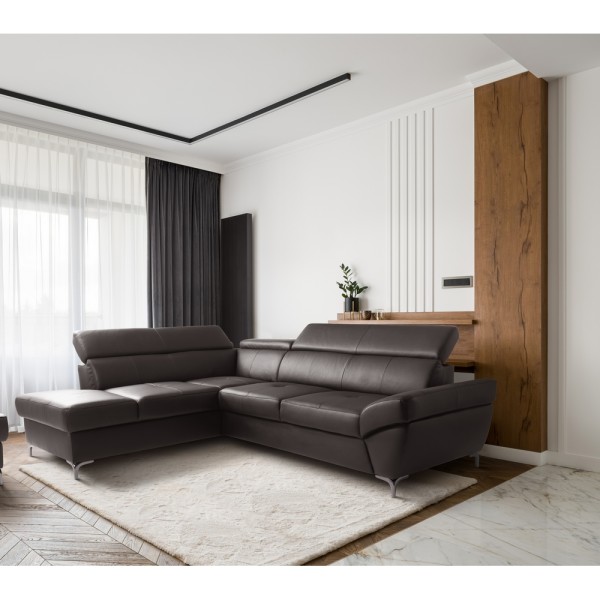Canapé d'angle convertible en cuir italien luxe 5 places, MEMEZO, coffre, CHOCOLAT, angle gauche