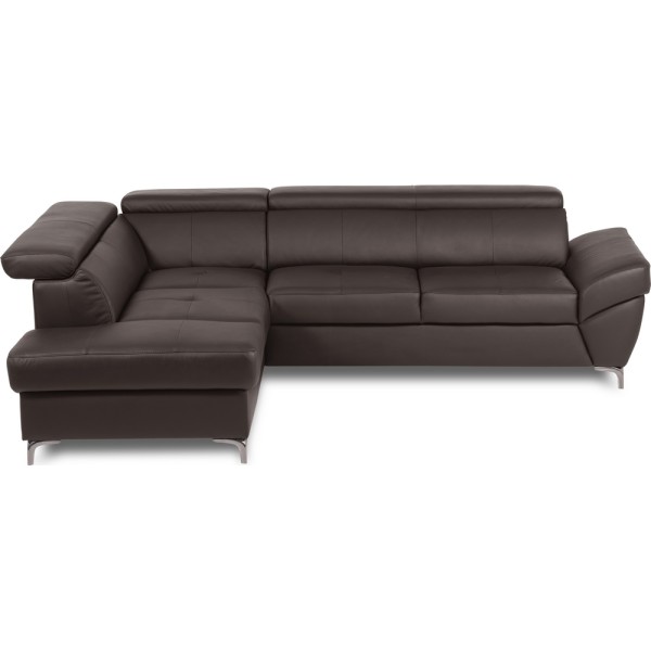 Canapé d'angle convertible en cuir italien luxe 5 places, MEMEZO, coffre, CHOCOLAT, angle gauche