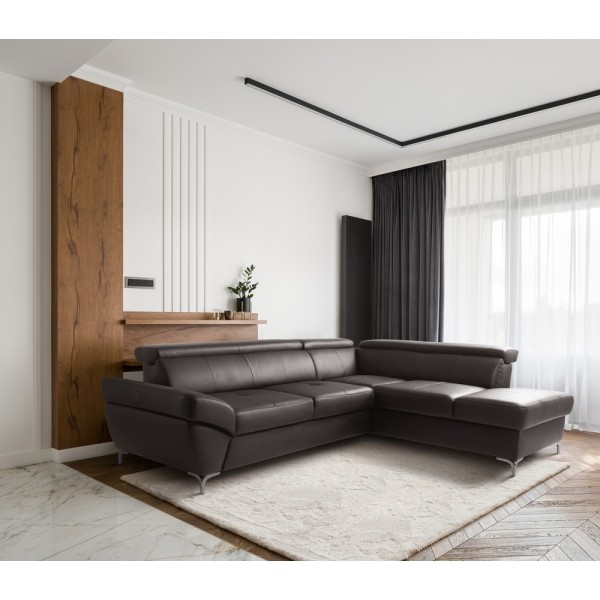 Canapé d'angle convertible en cuir italien luxe 5 places, MEMEZO, coffre, CHOCOLAT, angle droit