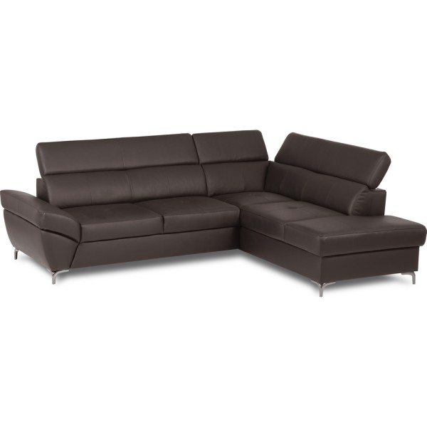 Canapé d'angle convertible en cuir italien luxe 5 places, MEMEZO, coffre, CHOCOLAT, angle droit