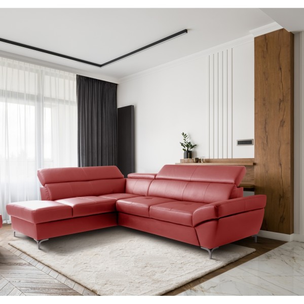 Canapé d'angle convertible en cuir italien luxe 5 places, MEMEZO, coffre, rouge foncé, angle gauche