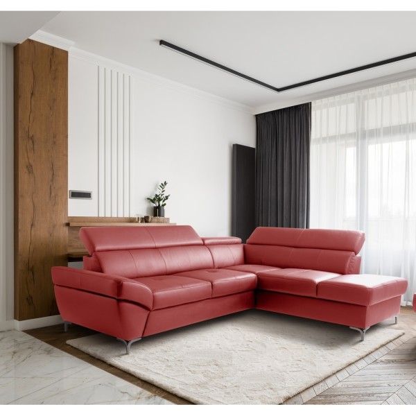 Canapé d'angle convertible en cuir italien luxe 5 places, MEMEZO, coffre, rouge foncé, angle droit