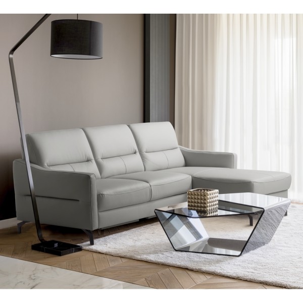 Canapé d'angle convertible en cuir italien luxe 5 places, FARINI, coffre, gris clair, angle droit