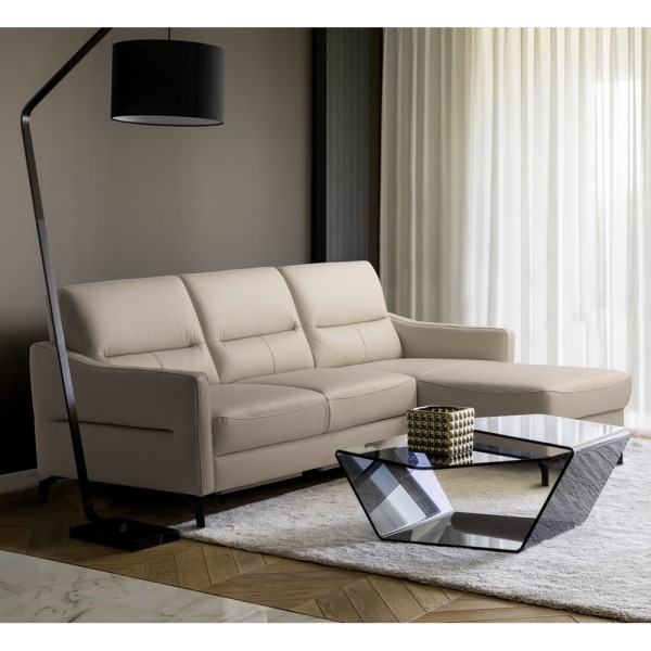 Canapé d'angle convertible en cuir italien luxe 5 places, FARINI, coffre, BEIGE, angle droit