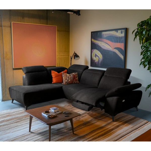 Canapé d'angle avec relax électrique en tissu Bellagio, noir, angle gauche