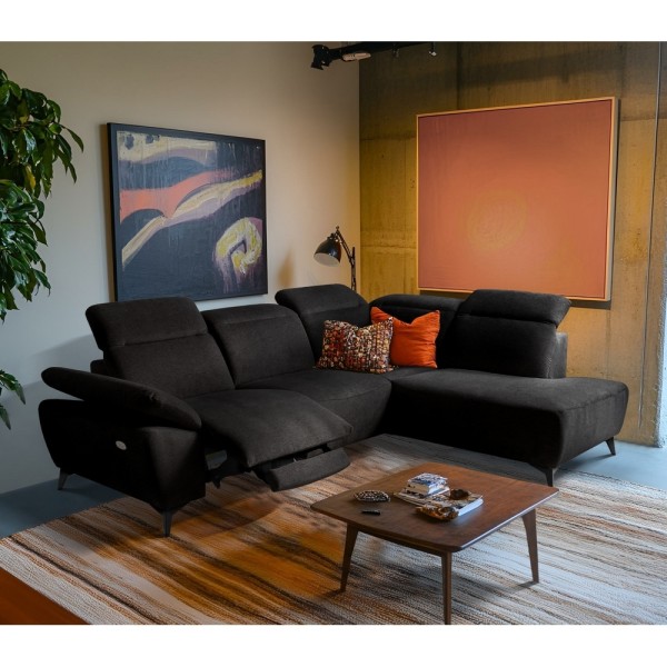 Canapé d'angle avec relax électrique en tissu Bellagio, noir, angle droit