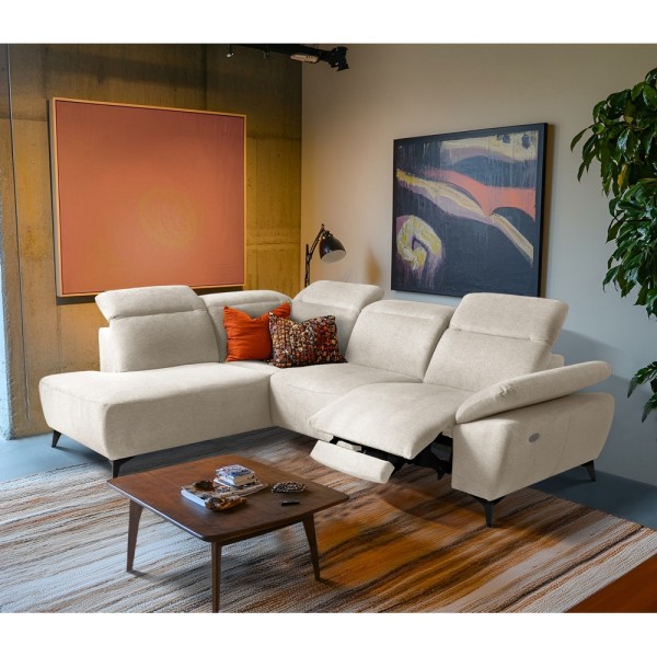 Canapé d'angle avec relax électrique en tissu Bellagio, beige clair, angle gauche