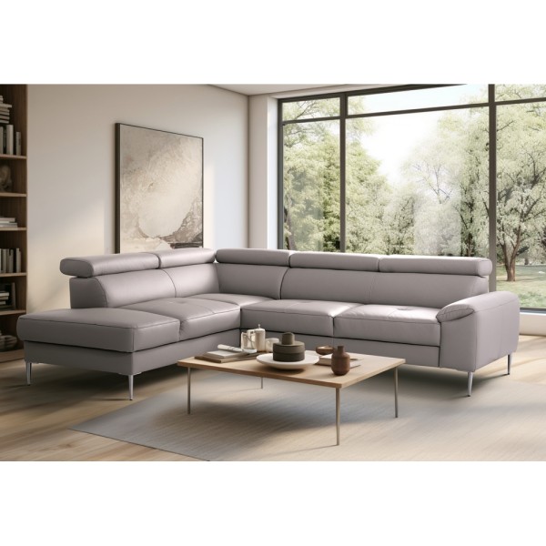 Canapé d'angle convertible en cuir italien luxe 5 places, Hombourg, coffre, gris clair, angle gauche