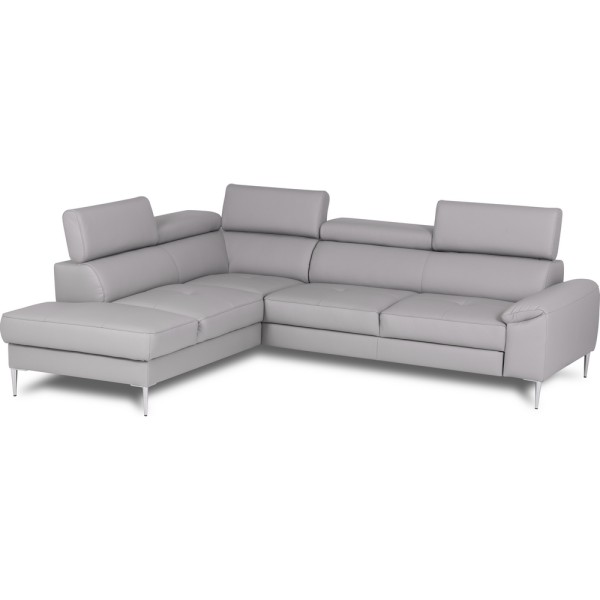 Canapé d'angle convertible en cuir italien luxe 5 places, Hombourg, coffre, gris clair, angle gauche