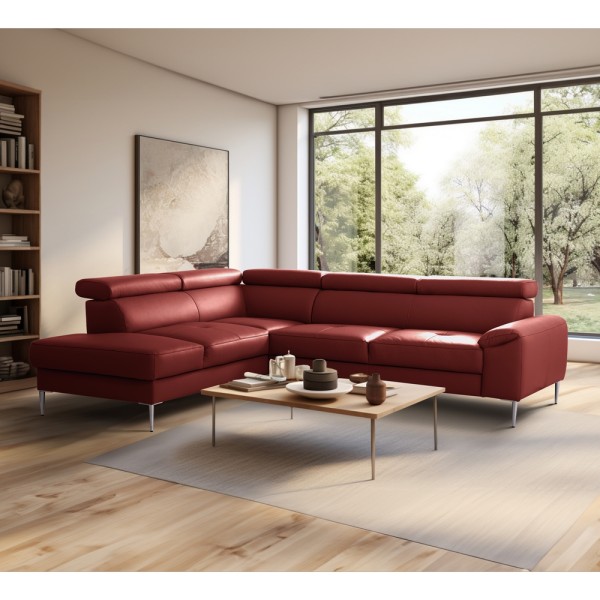 Canapé d'angle convertible en cuir italien luxe 5 places, Hombourg, coffre, rouge foncé, angle gauche