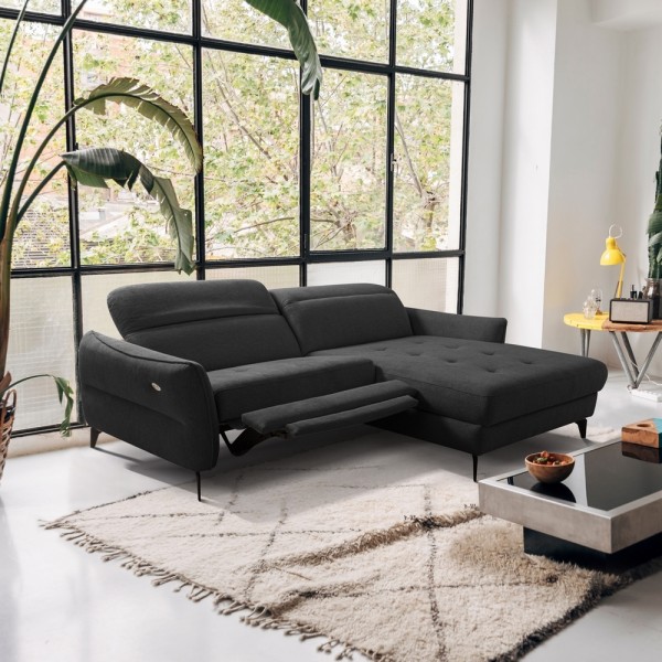 Canapé d'angle convertible en tissu luxe 5 places, MANCINI, coffre, noir, angle droit