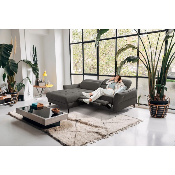 Canapé d'angle convertible en tissu luxe 5 places, MANCINI, coffre, gris foncé, angle gauche