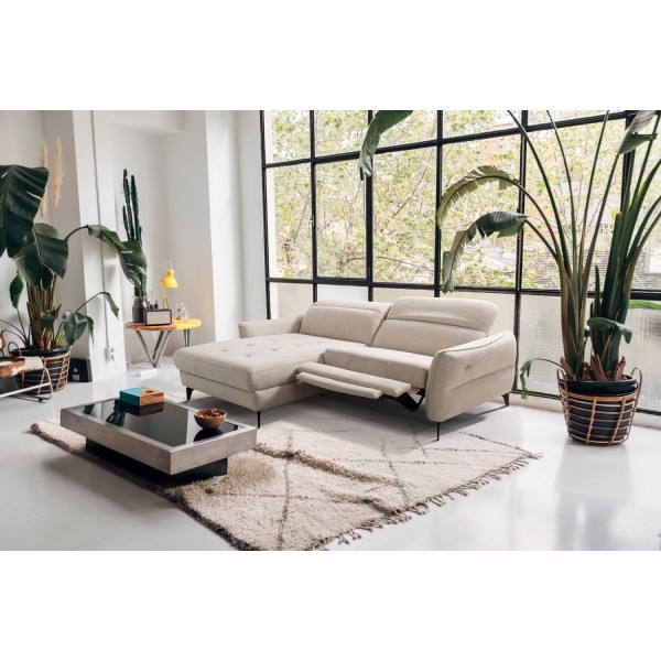 Canapé d'angle convertible en tissu luxe 5 places, MANCINI, coffre, beige, angle gauche