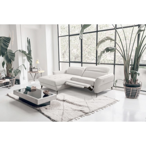 Canapé d'angle convertible en tissu luxe 5 places, MANCINI, coffre, blanc cassé, angle gauche