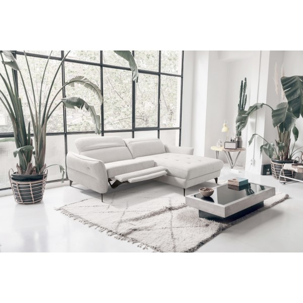 Canapé d'angle convertible en tissu luxe 5 places, MANCINI, coffre, blanc cassé, angle droit