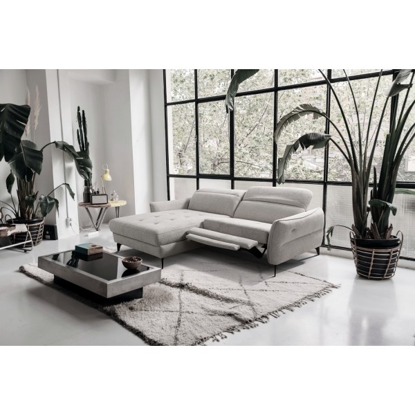 Canapé d'angle convertible en tissu luxe 5 places, MANCINI, coffre, gris, angle gauche