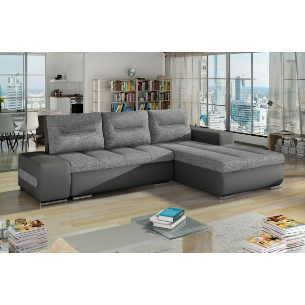 Canapé d'angle convertible en tissu luxe gris et simili cuir gris