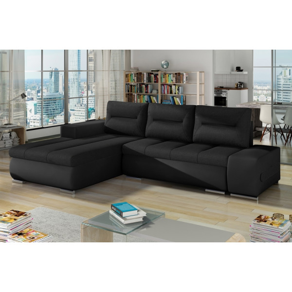 Canapé d'angle convertible en tissu luxe noir et simili cuir noir
