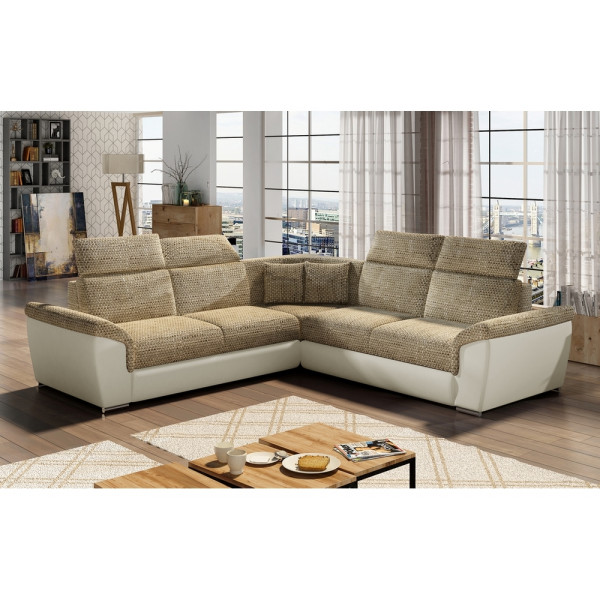 Canapé d'angle - convertible - FELIPE - en tissu beige et simili cuir écru