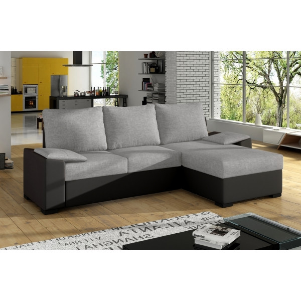 Canapé d'angle convertible - en tissu gris et simili noir