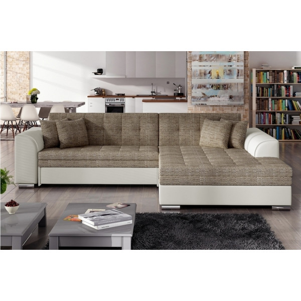Canapé d'angle convertible en tissu beige et simili écru de qualité