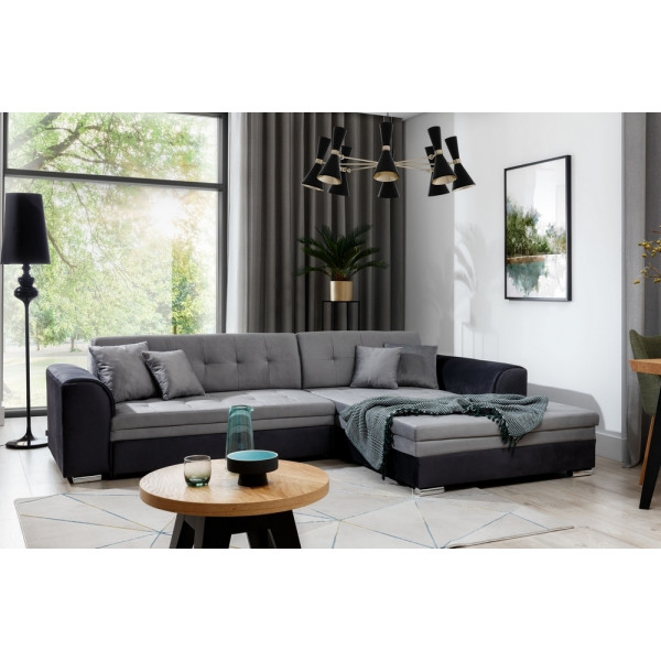 Canapé d'angle convertible en tissu velours gris et noir Luxe