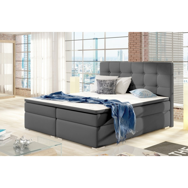Ensemble boxspring complet tête de lit + sommiers + matelas + surmatelas INAYA - simili cuir gris - 180x200 cm
