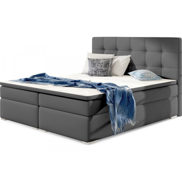 Ensemble boxspring complet tête de lit + sommiers + matelas + surmatelas INAYA - simili cuir gris - 180x200 cm