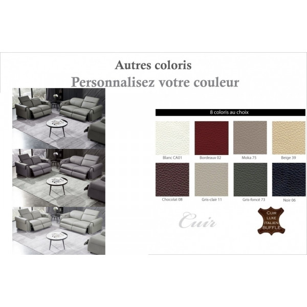 Ensemble avec 4 relax électriques, canapé 3 places et 2 places en cuir italien buffle toprelax, couleur GRIS CLAIR
