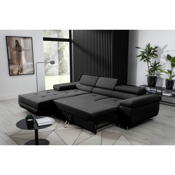 Canapé d'angle convertible ARMEL en tissu luxe 5 places, noir, avec coffre, angle gauche (vu de face)