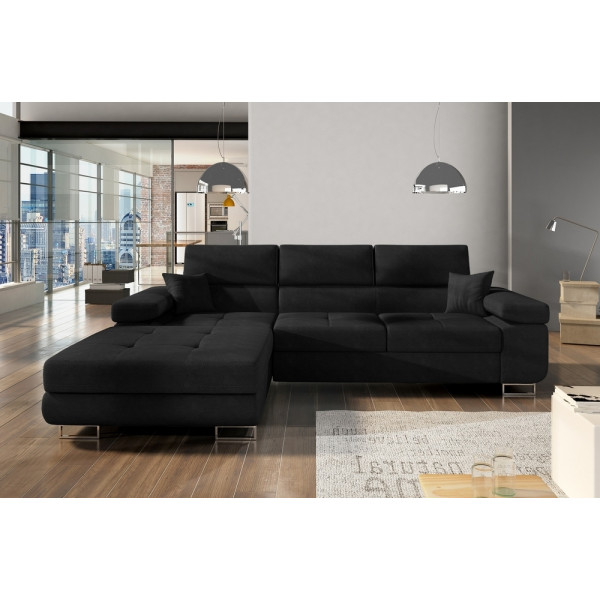 Canapé d'angle convertible ARMEL en tissu luxe 5 places, noir, avec coffre, angle gauche (vu de face)