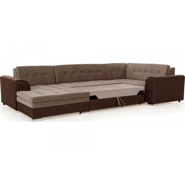 Canapé panoramique convertible - DAMIEN VELOURS - en velours marron clair et marron foncé,  7 places, méridienne à gauche