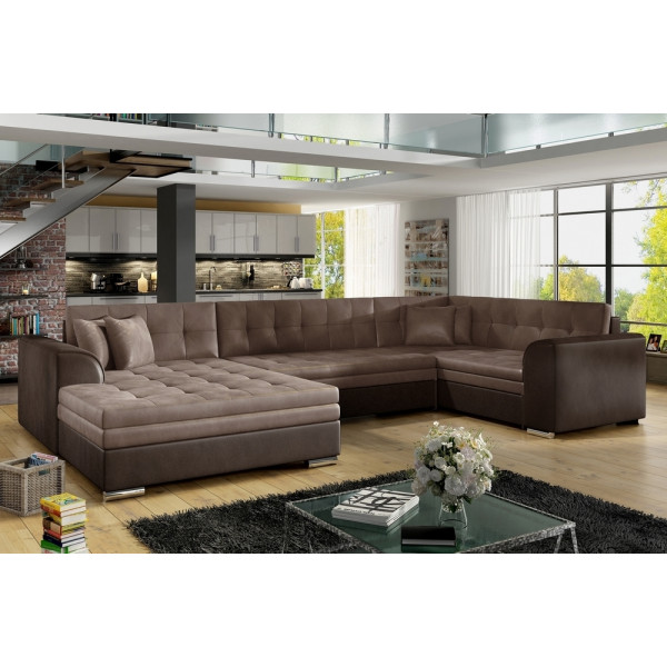 Canapé panoramique convertible - DAMIEN VELOURS - en velours marron clair et marron foncé,  7 places, méridienne à gauche